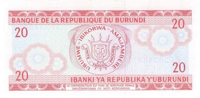 Burundi p27c 20 Francs 1991